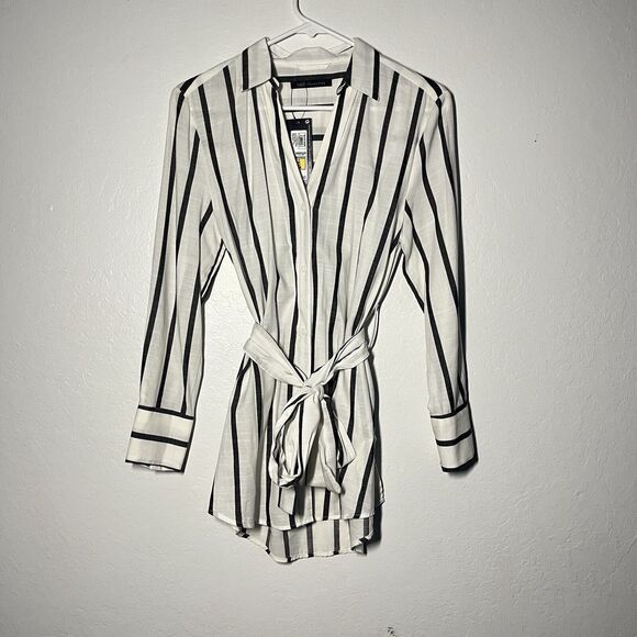 Marks & Spencer Button Up Blouse US Size 2 UK Sz 6 Gray White Striped Belted NWT - Picture 1 of 12